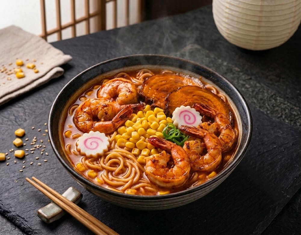 Contenido del kit de ramen tonkotsu: fideos, chashu de cerdo laminado, camarones enteros, naruto y maíz dulce.