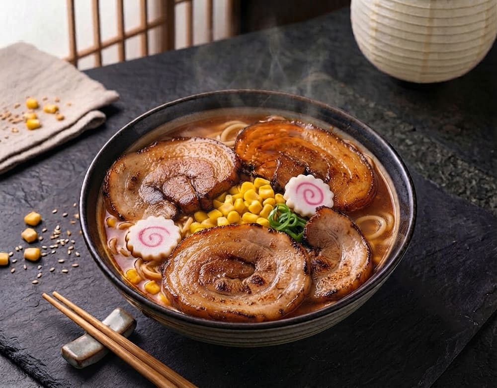 Tazón de ramen tonkotsu servido: caldo espeso de cerdo, chashu laminado y glaseado, maíz dulce, cebollín y naruto.