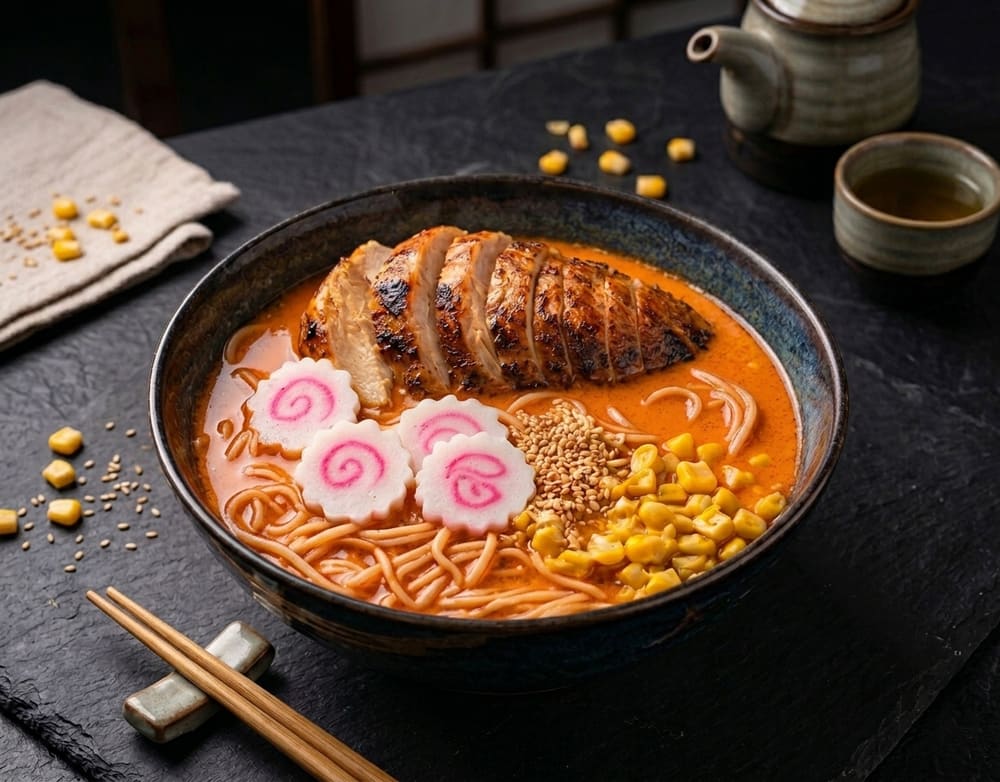 Contenido del kit de ramen tonkotsu: fideos, pechuga de pollo sellada, naruto, maíz dulce y ajonjolí.